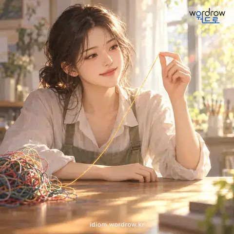 ‘가닥이 잡히다’의 첫 번째 뜻을 표현한 그림: 분위기, 상황, 생각 따위가 이치나 논리에 따라 바로잡히다.