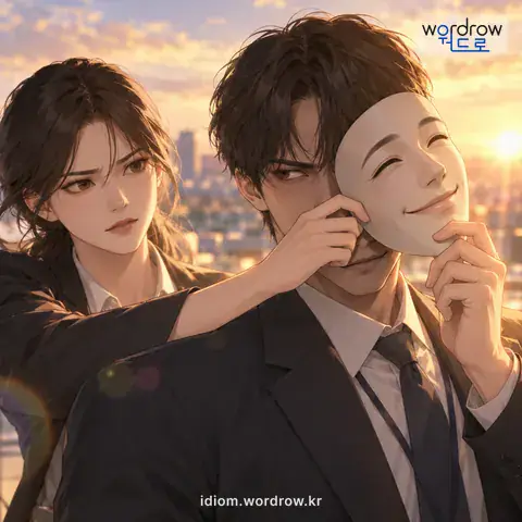 ‘가면을 벗기다’의 첫 번째 뜻을 표현한 그림: 거짓으로 꾸민 정체를 밝히다.