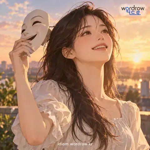 ‘가면을 벗다’의 첫 번째 뜻을 표현한 그림: 거짓으로 꾸민 모습을 버리고 정체를 드러내다.