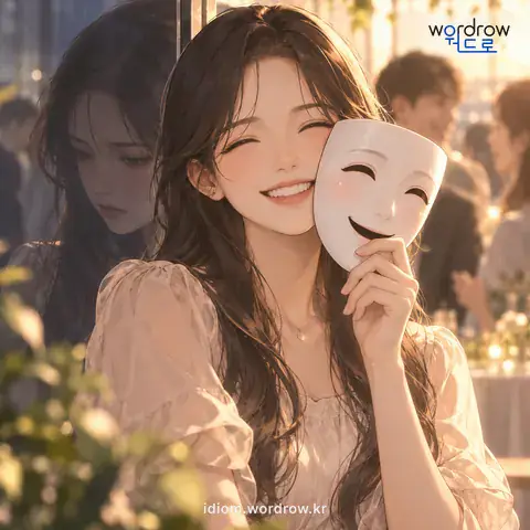 ‘가면을 쓰다’의 첫 번째 뜻을 표현한 그림: 본심을 감추고 겉으로는 그렇지 않은 것처럼 꾸미다.