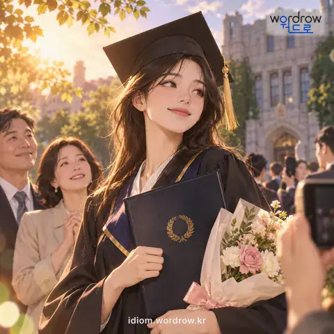 ‘간판을 따다’의 첫 번째 뜻을 표현한 그림: (속되게) 겉으로 내세우기 위해 학력이나 명분을 갖추다.