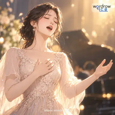 ‘감정을 잡다’의 첫 번째 뜻을 표현한 그림: 연기를 하거나 노래를 할 때 등장인물의 성격이나 노래의 분위기에 맞는 감정을 충분히 소화하여 감정을 표현하다.