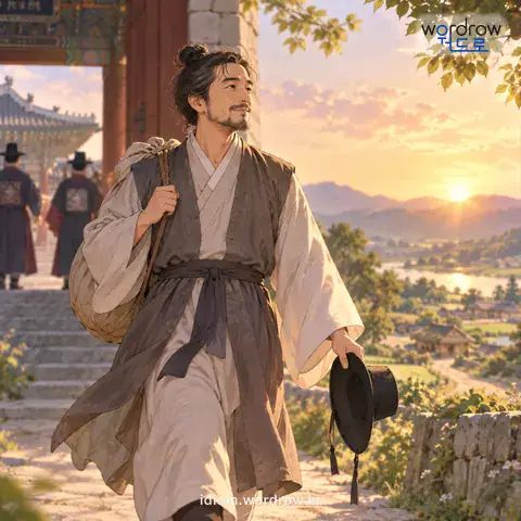 ‘감투를 벗다’의 첫 번째 뜻을 표현한 그림: 벼슬자리를 그만둠을 속되게 이르는 말.