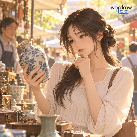 ‘값을 보다’의 첫 번째 뜻을 표현한 그림: 사려는 물건의 값을 어림하여 보다.