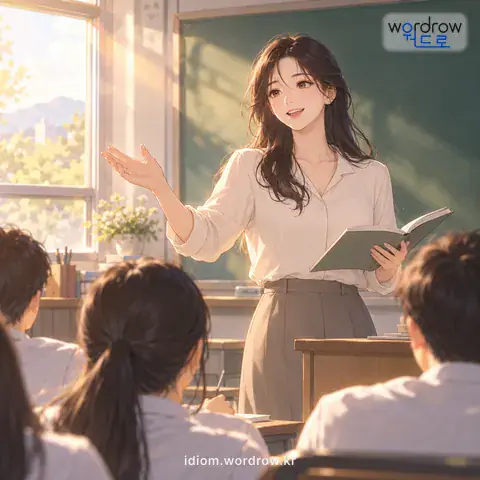 ‘강단에 서다’의 첫 번째 뜻을 표현한 그림: 교직 생활을 하다.
