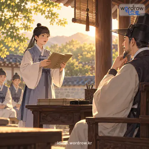 ‘강을 받다’의 첫 번째 뜻을 표현한 그림: 자기가 듣는 앞에서 글을 외어 바치게 하다.