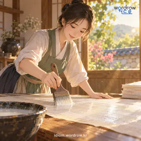 ‘강풀을 치다’의 첫 번째 뜻을 표현한 그림: 풀을 먹인 위에 또 된풀을 칠하다.