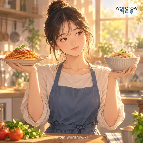‘같은 값에’의 첫 번째 뜻을 표현한 그림: 이렇게 하든지 저렇게 하든지 물질이나 노력이 드는 정도가 마찬가진데.