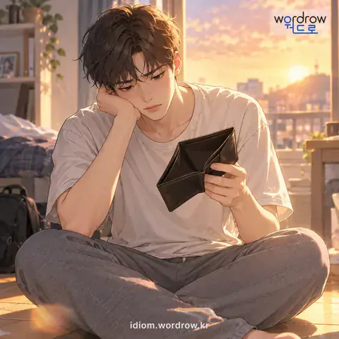‘개뿔도 없다’의 첫 번째 뜻을 표현한 그림: (속되게) 돈이나 명예, 능력 따위를 전혀 갖고 있지 아니하다.