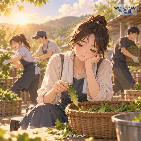 ‘거북을 타다’의 첫 번째 뜻을 표현한 그림: 일하는 동작이 남보다 매우 굼뜨다.