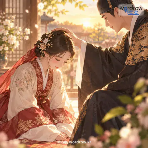 ‘건즐을 받들다’의 첫 번째 뜻을 표현한 그림: 여자가 아내나 첩이 됨을 겸손하게 이르는 말.