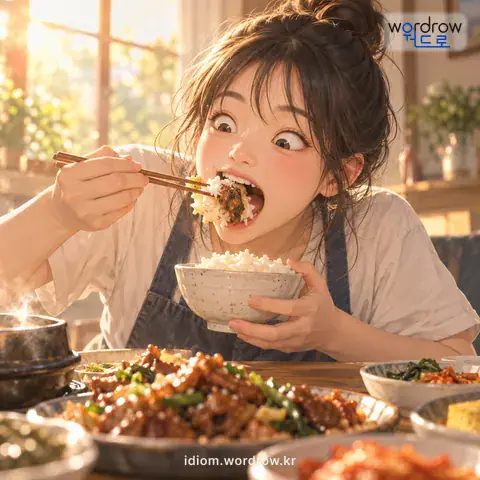 ‘걸귀가 들린 듯이’의 첫 번째 뜻을 표현한 그림: 음식을 지나치게 탐내는 모양을 비유적으로 이르는 말.