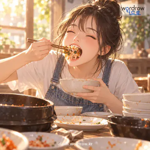 ‘게 눈 감추듯’의 첫 번째 뜻을 표현한 그림: 음식을 허겁지겁 빨리 먹어 치움을 비유적으로 이르는 말.