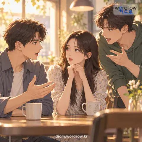 ‘곁다리를 끼다’의 첫 번째 뜻을 표현한 그림: 당사자가 아닌 사람이 곁에서 참견하여 말하다.