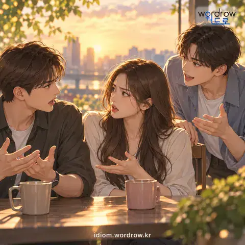 ‘곁다리를 들다’의 첫 번째 뜻을 표현한 그림: 당사자가 아닌 사람이 참견하여 말하다.