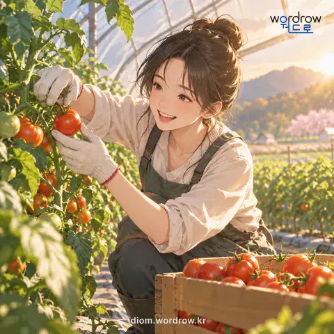 ‘계절을 앞당기다’의 첫 번째 뜻을 표현한 그림: 해당 계절에 해야 할 일을 먼저 앞당겨 빨리 해 나감을 이르는 말.