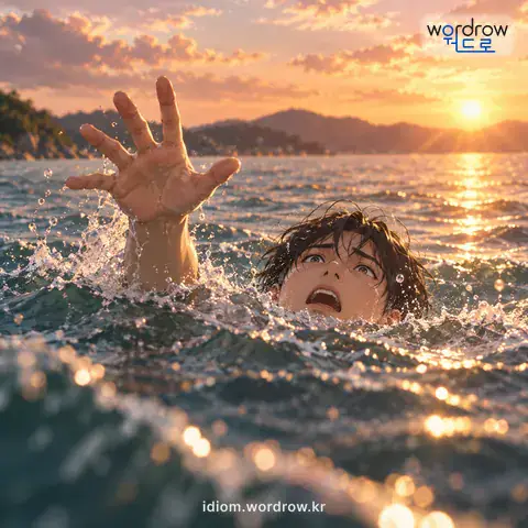 ‘고기밥이 되다’의 첫 번째 뜻을 표현한 그림: 물에 빠져 죽다.