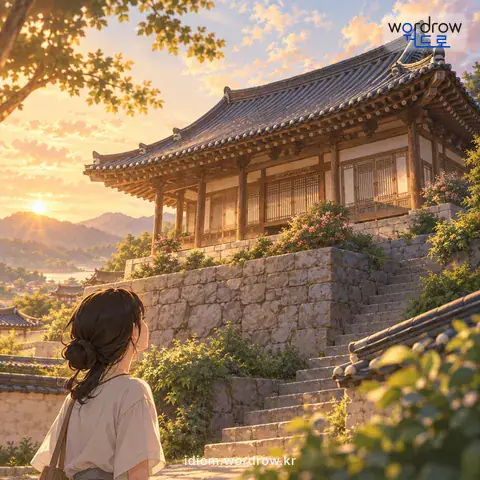 ‘고래 등 같다’의 첫 번째 뜻을 표현한 그림: 주로 기와집이 덩그렇게 높고 큼을 이르는 말.