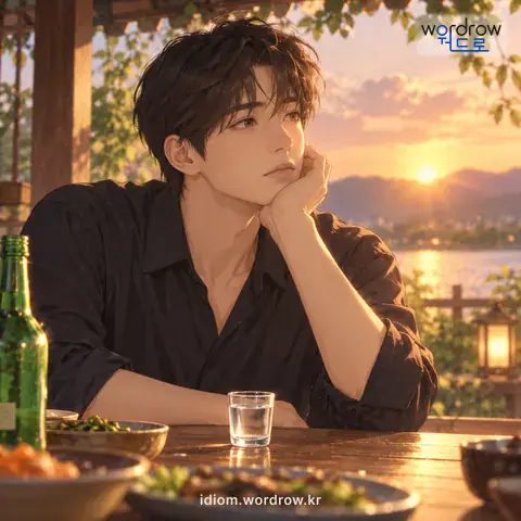 ‘고사를 지내다’의 첫 번째 뜻을 표현한 그림: 술잔의 술을 오랫동안 마시지 않음을 이르는 말.
