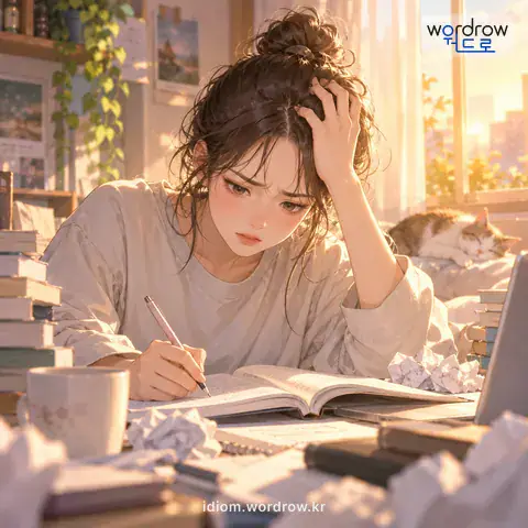 ‘골머리가 빠지다’의 첫 번째 뜻을 표현한 그림: (속되게) 머리를 몹시 쓰거나 애를 태우다.