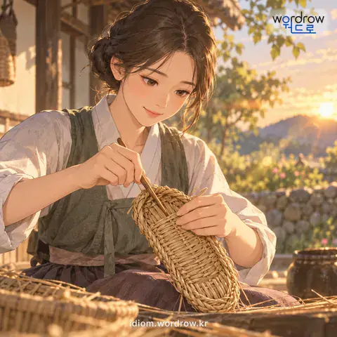 ‘골을 치다’의 첫 번째 뜻을 표현한 그림: 골로써 물건의 모양을 바로잡다.