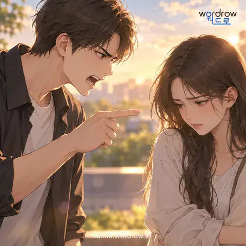 ‘곱지 않은 말’의 첫 번째 뜻을 표현한 그림: 상대편의 비위를 거스르면서 듣기에 좋지 아니하게 하는 말.