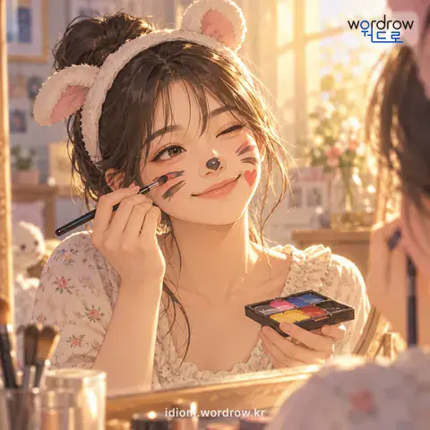 ‘광대를 그리다’의 첫 번째 뜻을 표현한 그림: 얼굴에 먹이나 물감 따위를 이리저리 바르다.