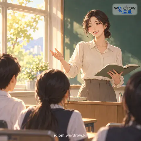 ‘교단에 서다’의 첫 번째 뜻을 표현한 그림: 선생 생활을 하다.