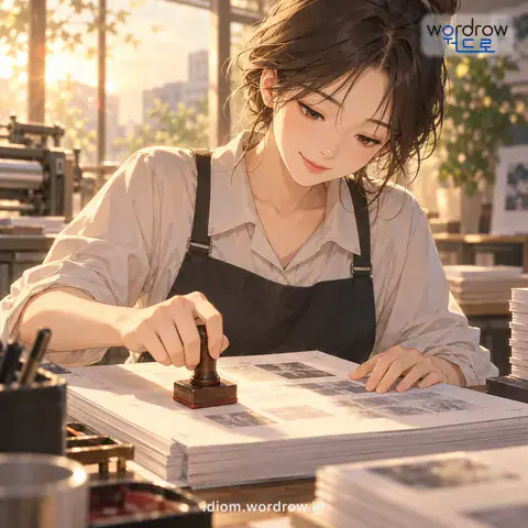 ‘교료를 놓다’의 첫 번째 뜻을 표현한 그림: 교정쇄에 교정을 끝냈다는 뜻을 적거나 도장을 찍다.