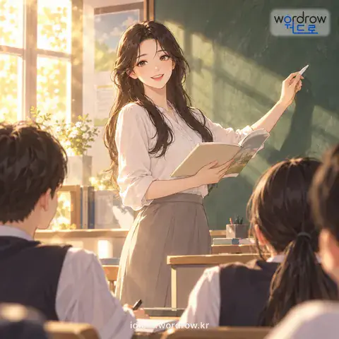 ‘교편을 잡다’의 첫 번째 뜻을 표현한 그림: 학교에서 교사 생활을 하다.
