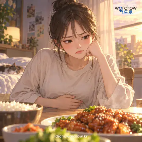 ‘구복을 달래다’의 첫 번째 뜻을 표현한 그림: 먹고 싶거나 배가 고픈 것을 억지로 참다.