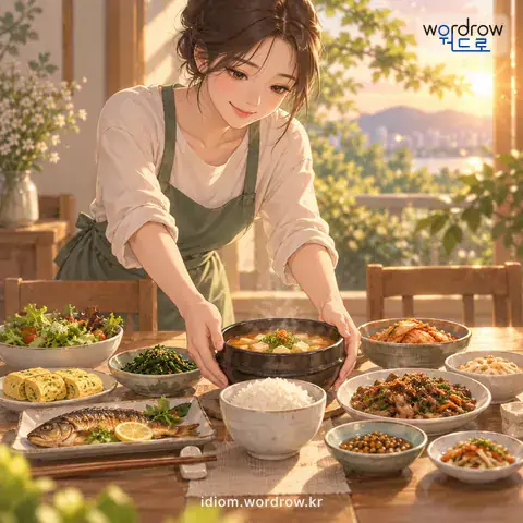 ‘구색을 맞추다’의 첫 번째 뜻을 표현한 그림: 여러 가지가 고루 갖추어지게 하다.