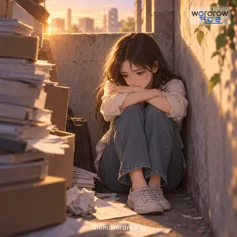 ‘구석에 몰리다’의 첫 번째 뜻을 표현한 그림: 어렵거나 곤란한 처지가 되다.