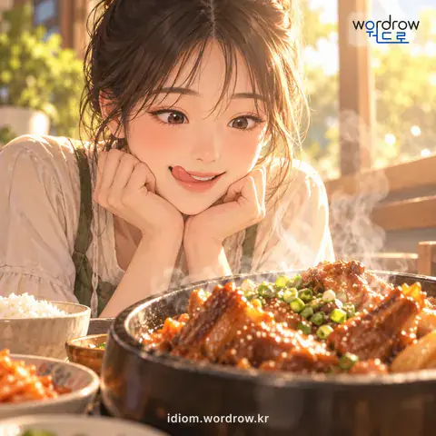‘군침을 돋우다’의 첫 번째 뜻을 표현한 그림