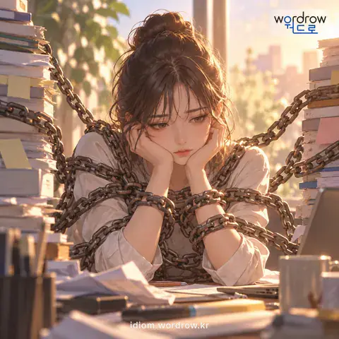 ‘굴레를 쓰다’의 첫 번째 뜻을 표현한 그림: 일이나 구속에 얽매여 벗어나지 못하게 되다.