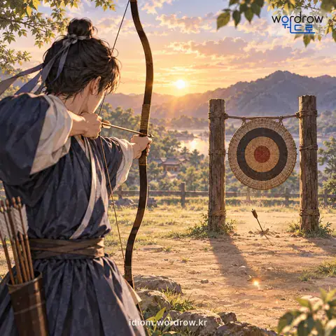 ‘굽통 쑤시다’의 첫 번째 뜻을 표현한 그림: 화살이 과녁을 버티고 있는 두 나무 기둥 사이의 바닥에 맞다.