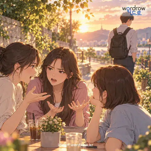 ‘귀먹은 푸념’의 첫 번째 뜻을 표현한 그림: 당사자가 듣지 못하는 데서 하는 불평.