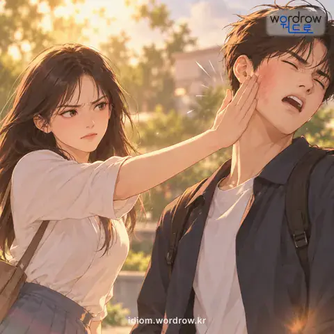 ‘귀싸대기를 올리다’의 첫 번째 뜻을 표현한 그림