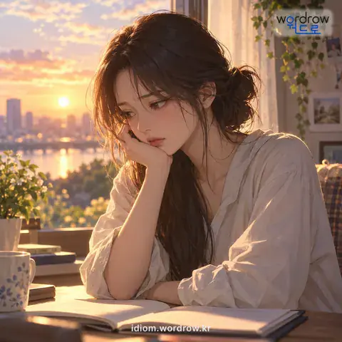 ‘그늘이 지다’의 첫 번째 뜻을 표현한 그림: 걱정거리가 있어 마음이 편하지 않거나 얼굴이 맑지 못하다.