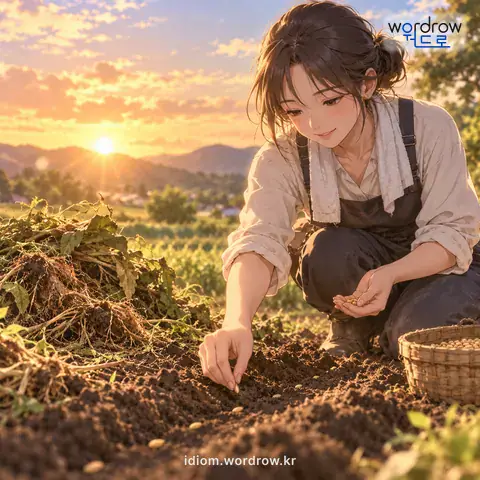 ‘그루를 들이다’의 첫 번째 뜻을 표현한 그림: 그루를 뒤엎고 곡식을 새로 심다.