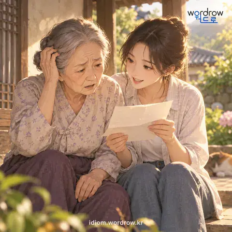 ‘글이 짧다’의 첫 번째 뜻을 표현한 그림: 글을 모르거나 아는 것이 넉넉하지 못하다.