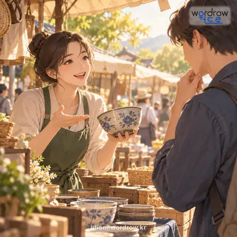 ‘금을 놓다’의 첫 번째 뜻을 표현한 그림: 물건을 사고팔 때에 값을 부르다.