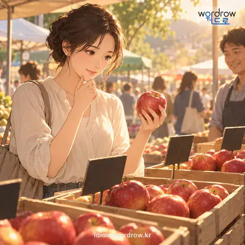 ‘금을 맞추다’의 첫 번째 뜻을 표현한 그림: 같은 종류의 물건값을 보아서 그 물건의 값을 정하다.