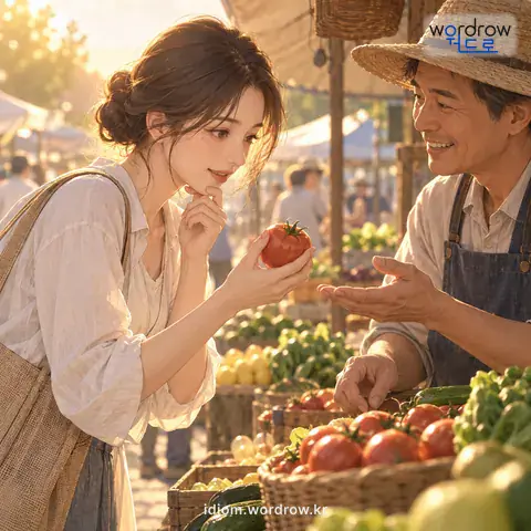 ‘금을 보다’의 첫 번째 뜻을 표현한 그림: 물건의 값이 얼마나 나가는지 알아보다.