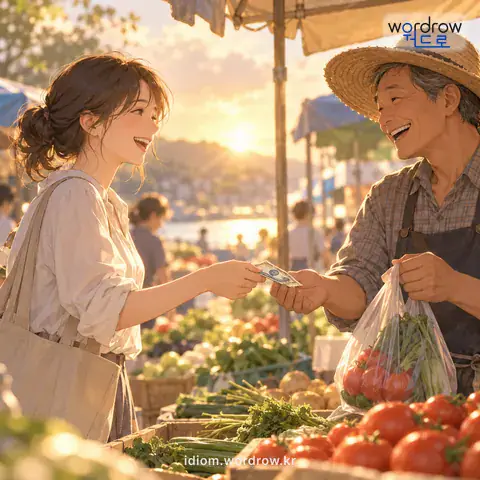 ‘금이 닿다’의 첫 번째 뜻을 표현한 그림: 물건값이 사고팔 수 있는 적당한 점에 미치다.