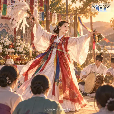 ‘금줄을 쥐다’의 첫 번째 뜻을 표현한 그림: 굿판에서 굿의 진행을 주관하다.