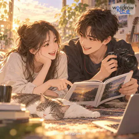 ‘기미가 통하다’의 첫 번째 뜻을 표현한 그림: 생각의 지향성이나 취미 따위가 일치하거나 가까워서 은연중에 서로 이해되다.