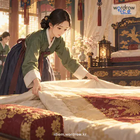 ‘기수를 배설하다’의 첫 번째 뜻을 표현한 그림: 궁중에서, 이부자리를 까는 것을 이르던 말.