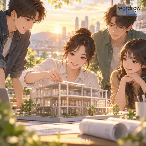 ‘기틀이 잡히다’의 첫 번째 뜻을 표현한 그림: 어떤 일의 가장 중요한 부분이 제 기능을 발휘할 수 있게 되다.