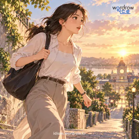 ‘길을 죄다’의 첫 번째 뜻을 표현한 그림: 목적지에 빨리 가려고 길을 빨리 걷다.